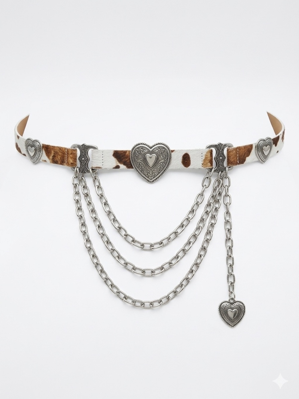 🐮NWT Haute Hippie Faux Cowhide Heart Chain Belt with Silver Concho